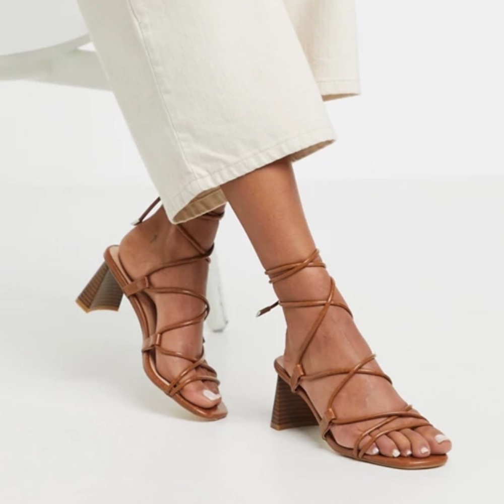 Stacked Heel Ankle Tie Sandals